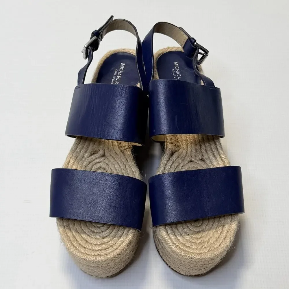 Michael Kors Collection Sandals Womens Size 8 Blue Leather Espadrille Wedge